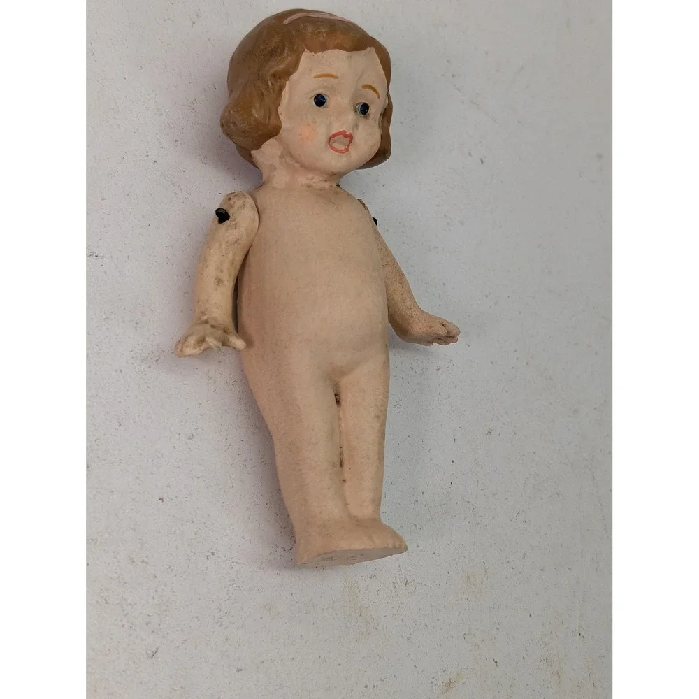 Vintage Composition Girl Play‎ Doll Nude Brown Wavy Hair Blue Eyes Marked Back